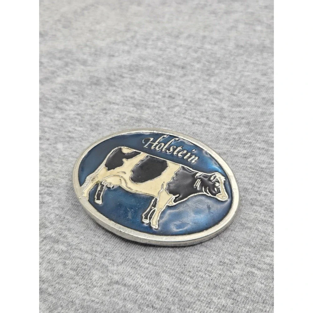 Vintage Holstein Cattle Farmer Cow Blue Black White Enamel Belt Buckle Farm